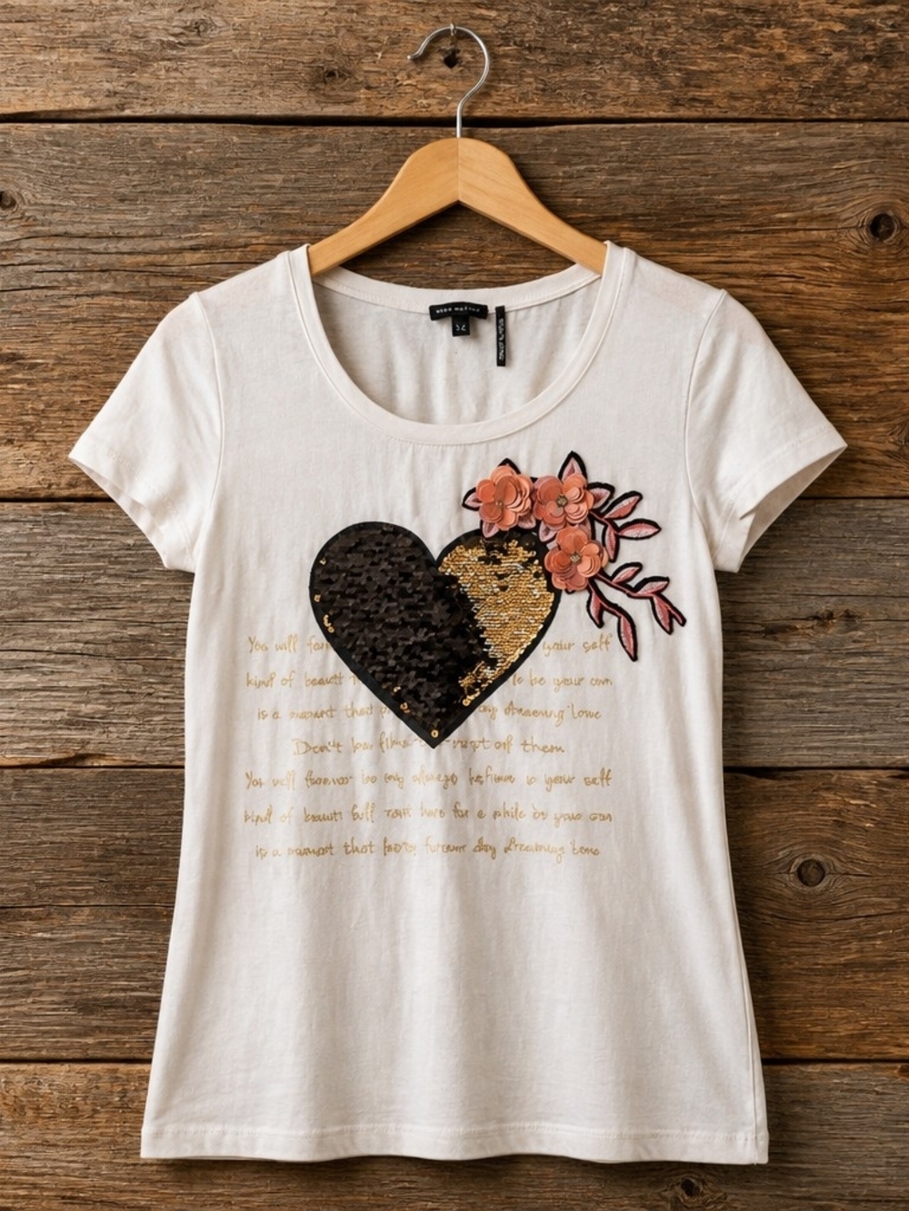 White Women’s Sequin Heart Tee with Floral Applique